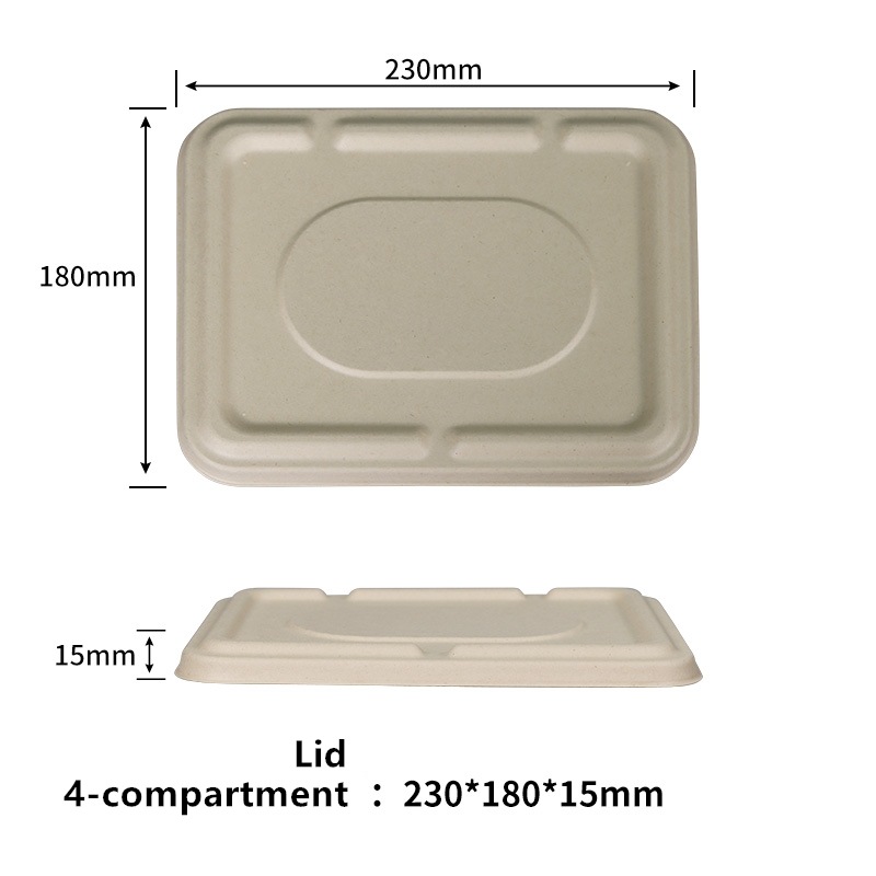 Plateaux alimentaires jetables avec couvercle à 4 compartiments en fibre de sucre Récipient alimentaire jetable compostable Plateaux de service en bagasse rectangulaires fabriqués à partir de fibres végétales écologiques de canne à sucre