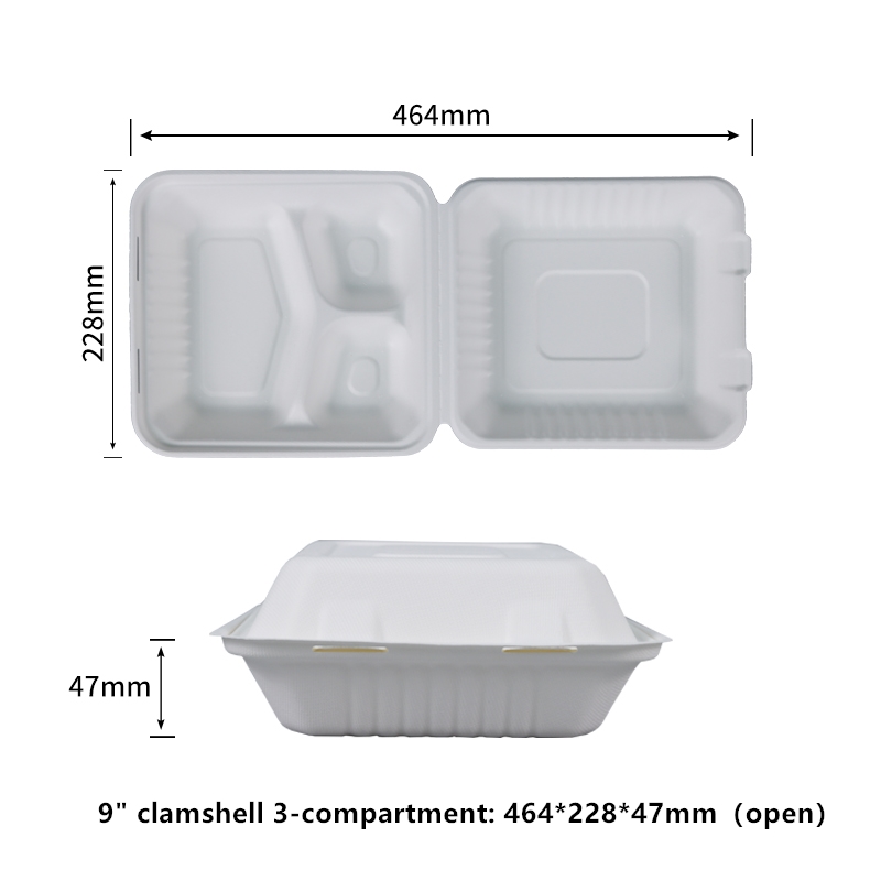 Sans PFAS 100% compostable à domicile 9 pouces à clapet 3 compartiments jetables pour aliments à emporter Conteneurs à emporter Boîtes robustes à emporter Écologiques Biodégradables Fabriqués à partir de fibres de canne à sucre