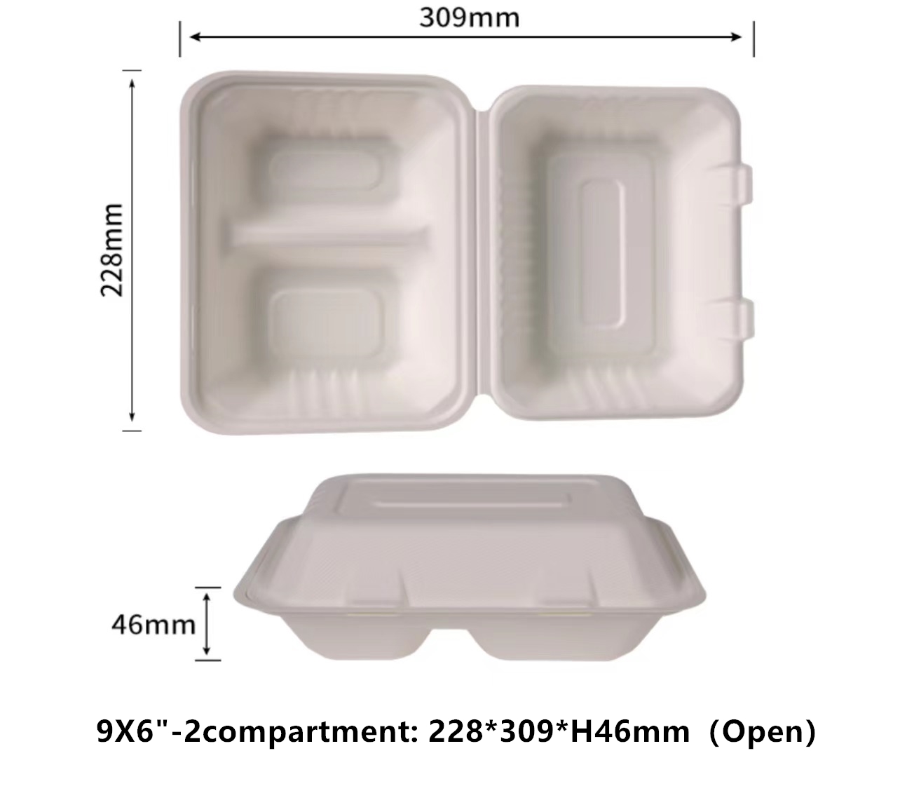 Conteneurs alimentaires à emporter à 2 compartiments à clapet 9 x 6 pouces Conteneurs jetables à emporter 100 % compostables Boîtes à emporter robustes Conteneurs à emporter écologiques biodégradables pour aliments