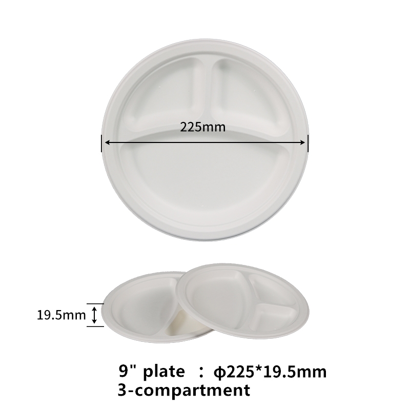 Assiettes en papier 100 % compostables à 3 compartiments de 22,9 cm, assiettes jetables biodégradables robustes, assiettes jetables marron en bagasse de canne à sucre respectueuse de l'environnement, assiettes allant au micro-ondes