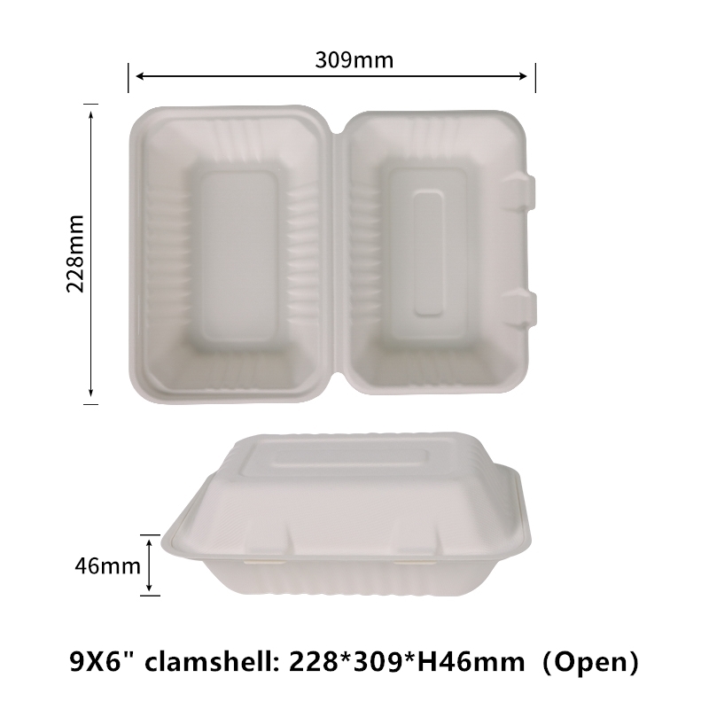 Contenants alimentaires à emporter à clapet 100 % compostables 9 x 6 po Contenants robustes à 1 compartiment de qualité à emporter Bagasse jetable naturelle Écologique Biodégradable Fabriquée à partir de fibres de canne à sucre