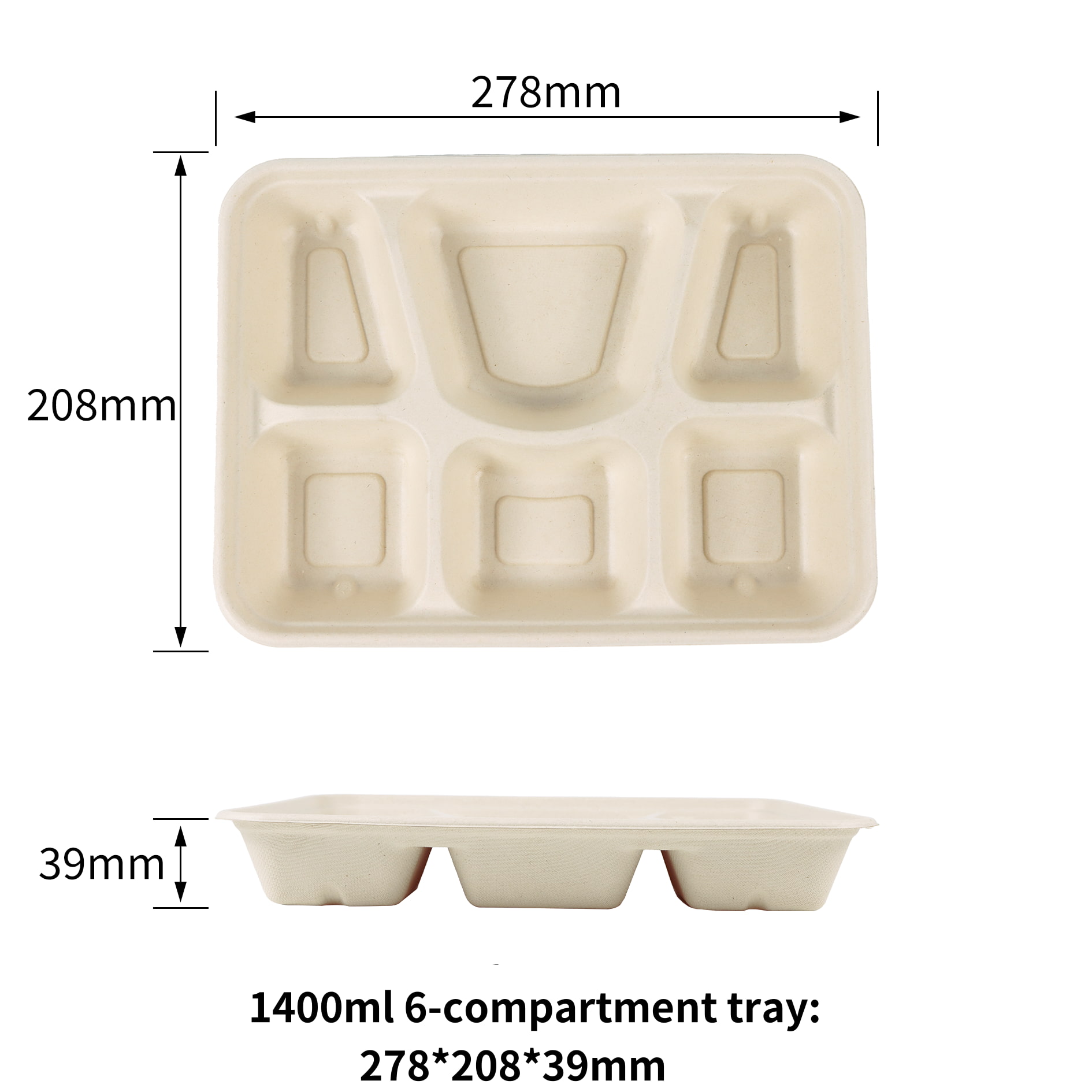 Factory Wholesale 1400ML Disposable Bagasse Sugarcane Six Compartment Trays For Restaurants - SINCERE