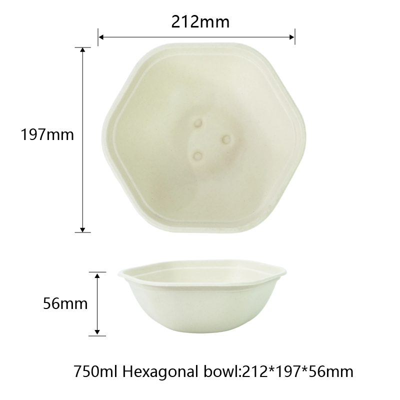 Bols hexagonaux écologiques en bagasse de canne à sucre de 750 ml, couverts compostables. Fabricant - SINCERE