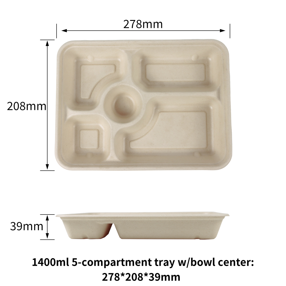 Eco Friendly Disposable Food Containers 1400ML 5-Compartment Bagasse Sugarcane Trays - SINCERE