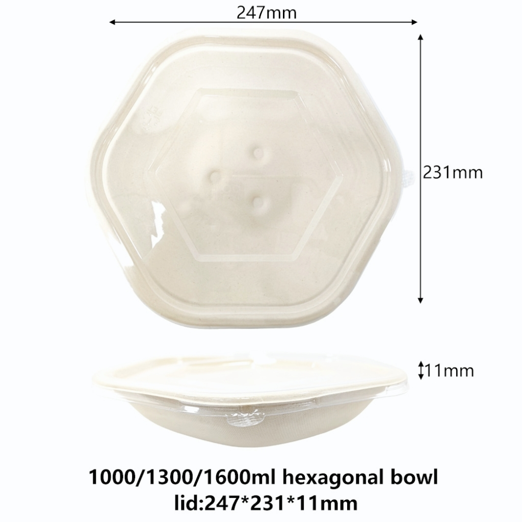 Recyclable Clear Plastic PET Lid For 1000/1300/1600ml Bagasse Hexagonal Bowl - SINCERE