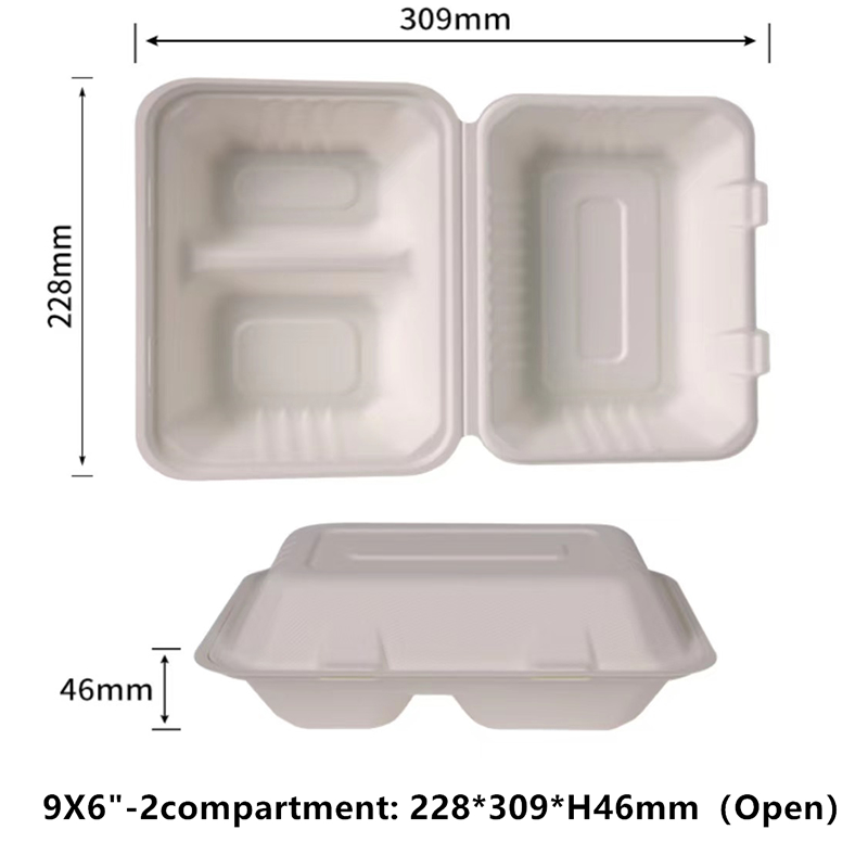 Clamhell 9x6 pouces 2 compartiments Sortez des conteneurs alimentaires 100% compostables jetables pour aller contenant des contenants robus - SINCERE